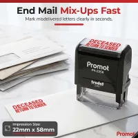 Misdelivered mail beside a deceased return to sender stamp, highlighting the large 22 × 58 mm impression size.