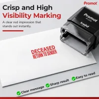 Crisp red impression from a self-inking deceased return to sender stamp creates a clear, easy-to-read mark on mail.