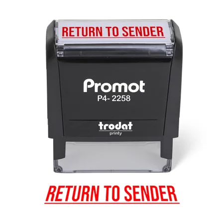 Front view of the return to sender stamp with a bold red imprint on a large self-inking stamp.