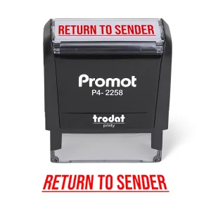 Front view of the return to sender stamp with a bold red imprint on a large self-inking stamp.
