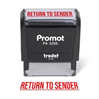 Front view of the return to sender stamp with a bold red imprint on a large self-inking stamp.