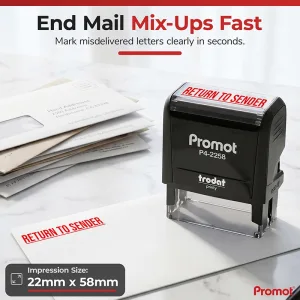A return to sender stamp beside misdelivered mail, showing the large 22 × 58 mm impression size.