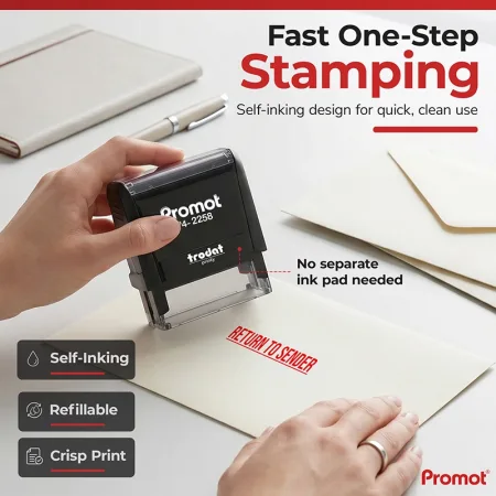 Hand pressing a self-inking return to sender stamp onto an envelope for fast, clean marking without an ink pad.