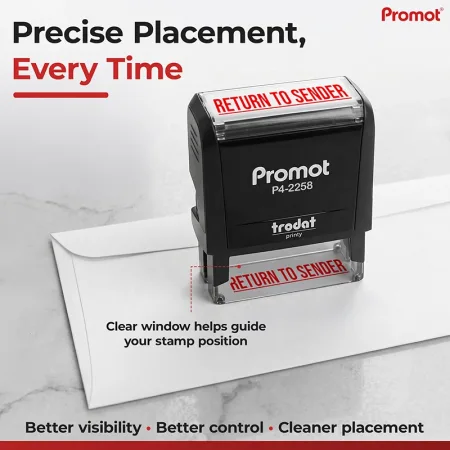 The clear positioning window helps align the return to sender stamp for accurate placement on every envelope.