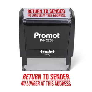 Front view of the large return to sender stamp with bold red "No Longer at This Address" text and self-inking design.