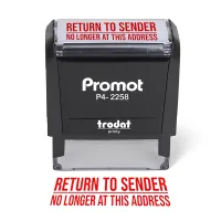 Front view of the large return to sender stamp with bold red "No Longer at This Address" text and self-inking design.