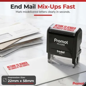 Misdelivered envelopes beside a return to sender stamp, highlighting the large 22 × 58 mm impression size.