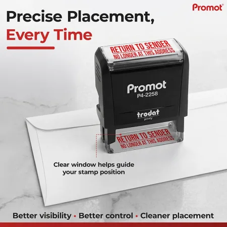 The clear positioning window helps align this return to sender no longer at this address stamp with precision.