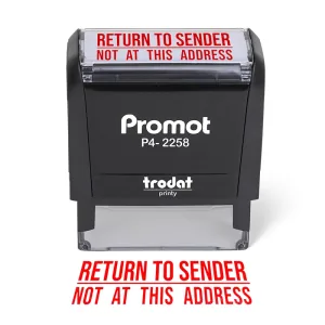 Front view of the return to sender not at this address stamp with a bold red imprint and self-inking design.