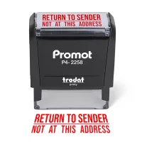 Front view of the return to sender not at this address stamp with a bold red imprint and self-inking design.