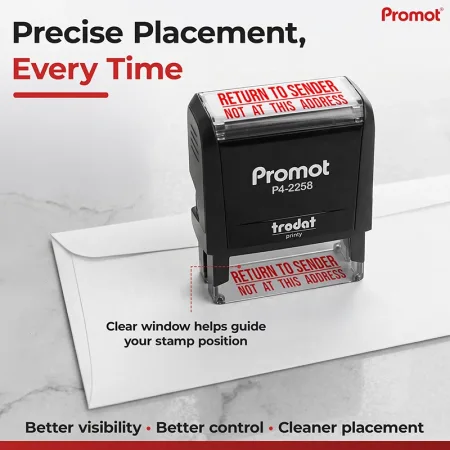 The clear positioning window helps align the return to sender not at this address stamp for accurate placement.