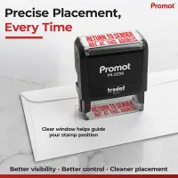 The clear positioning window helps align the return to sender not at this address stamp for accurate placement.