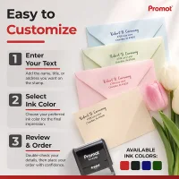 Choose your text and ink color for a medium self-inking address stamp, shown on colorful envelopes.