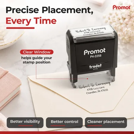 Position every impression with confidence using the clear window on this medium self-inking address stamp.