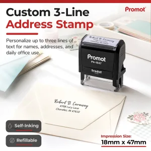 Personalize everyday mail with this small self-inking address stamp, shown beside a neatly stamped envelope.