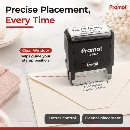The clear alignment window helps place your small self-inking address stamp exactly where you want it.