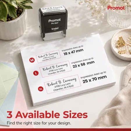 Compare impression sizes to find the best fit before choosing your small self-inking address stamp.