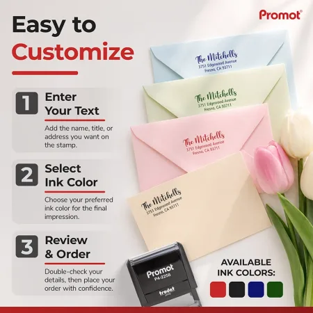 self-inking address stamp displayed beside a neatly stamped envelope, highlighting its custom three-line return address impression.