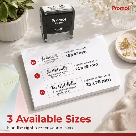 Compare impression sizes to choose the right large self-inking address stamp for your return address design.