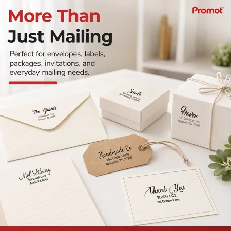 Self inking address stamp with a sample envelope showing a custom three line return address.