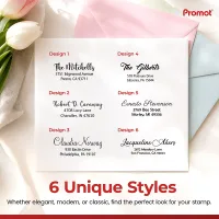 Custom address stamp ordering guide with ink color options and pastel envelopes.