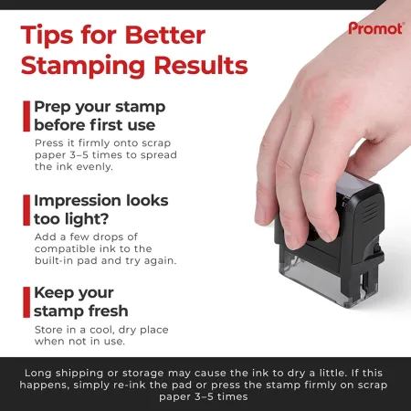 Self inking address stamp with clear alignment window for accurate placement on envelopes.