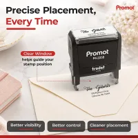 Self inking custom 3 line address stamp with a sample return address on a mailing envelope.